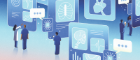 graphic illustration visualizing health care professionals integrating with AI